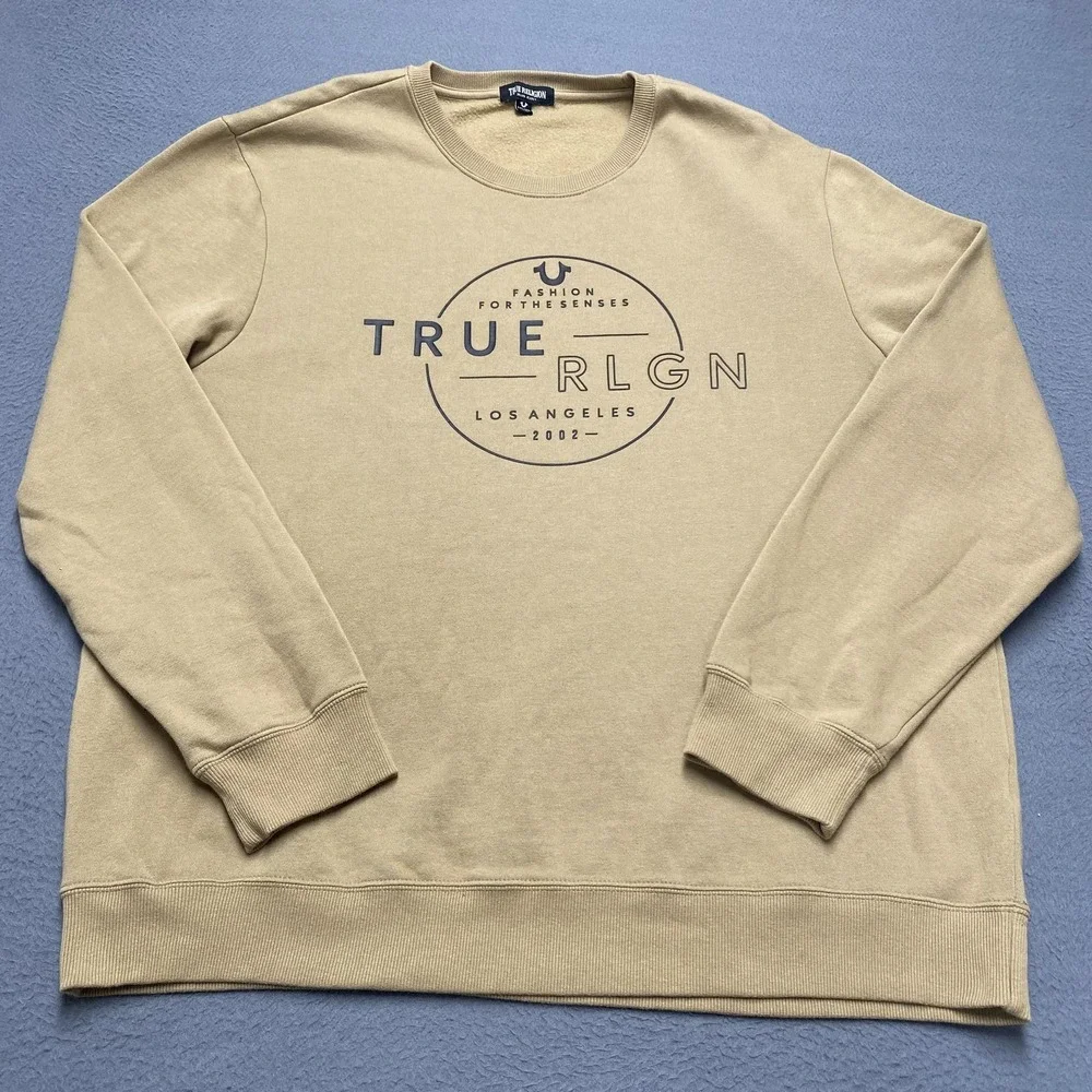 True Religion‎ Sweatshirt Mens 3XL Beige Pullover Fleece Lined Logo Graphic